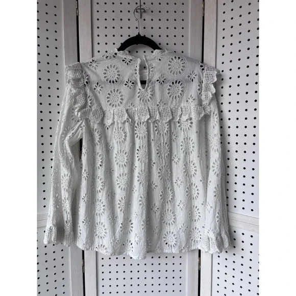 Zara Woman M White Ruffle Eyelet Boho Long SLV Top Shirt Blouse - Picture 6 of 7